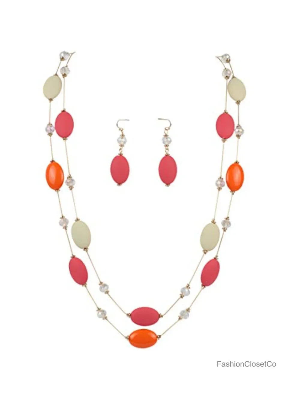 2-Layer Long Strand Necklace with Earrings Set, Adjustable, Gift
